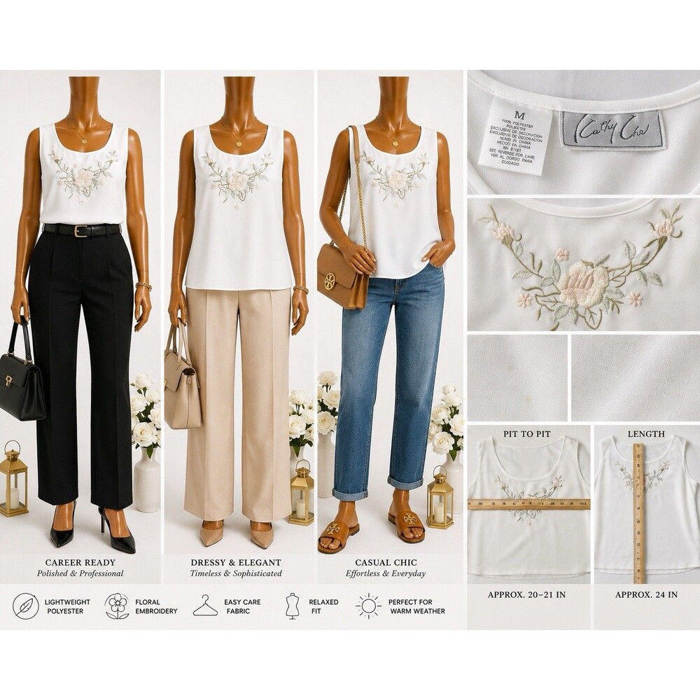 Cathy Che Women's White Sheer Sleeveless Blouse Embroidered Tank Top Career M